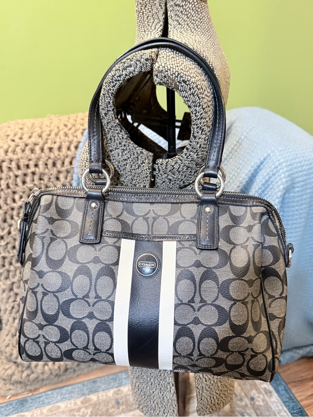Coach Black and Gray Signature Stripe Satchel